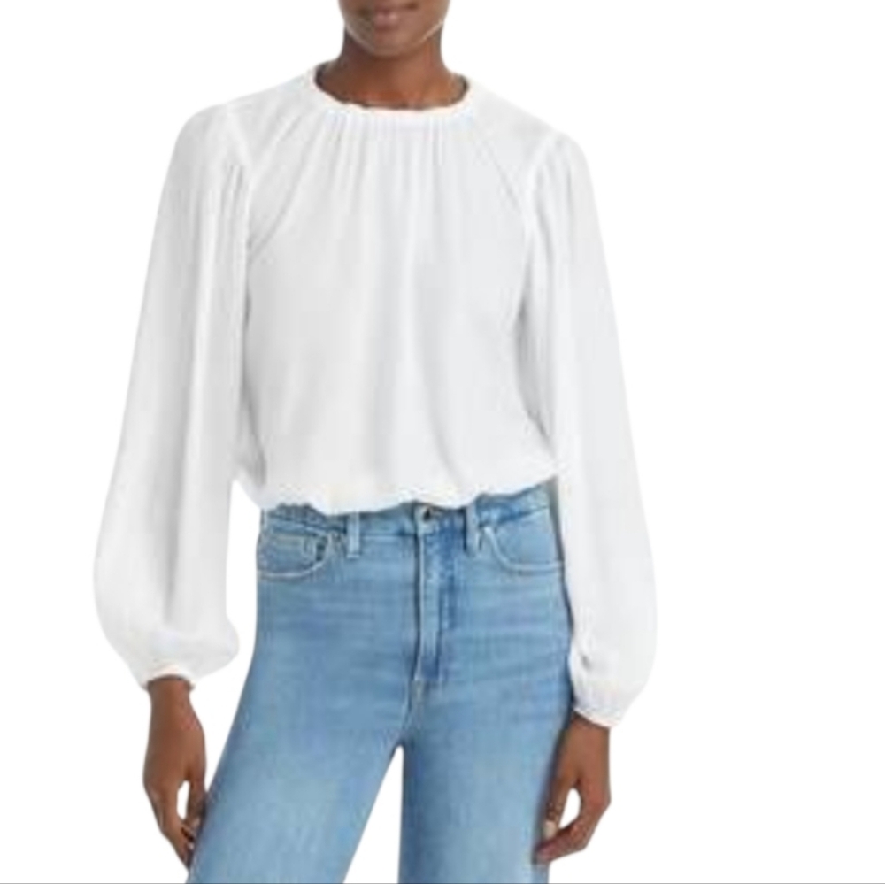 Bella Dahl White on White Striped Round Neck Long Puff Sleeve Peasant Blouse med